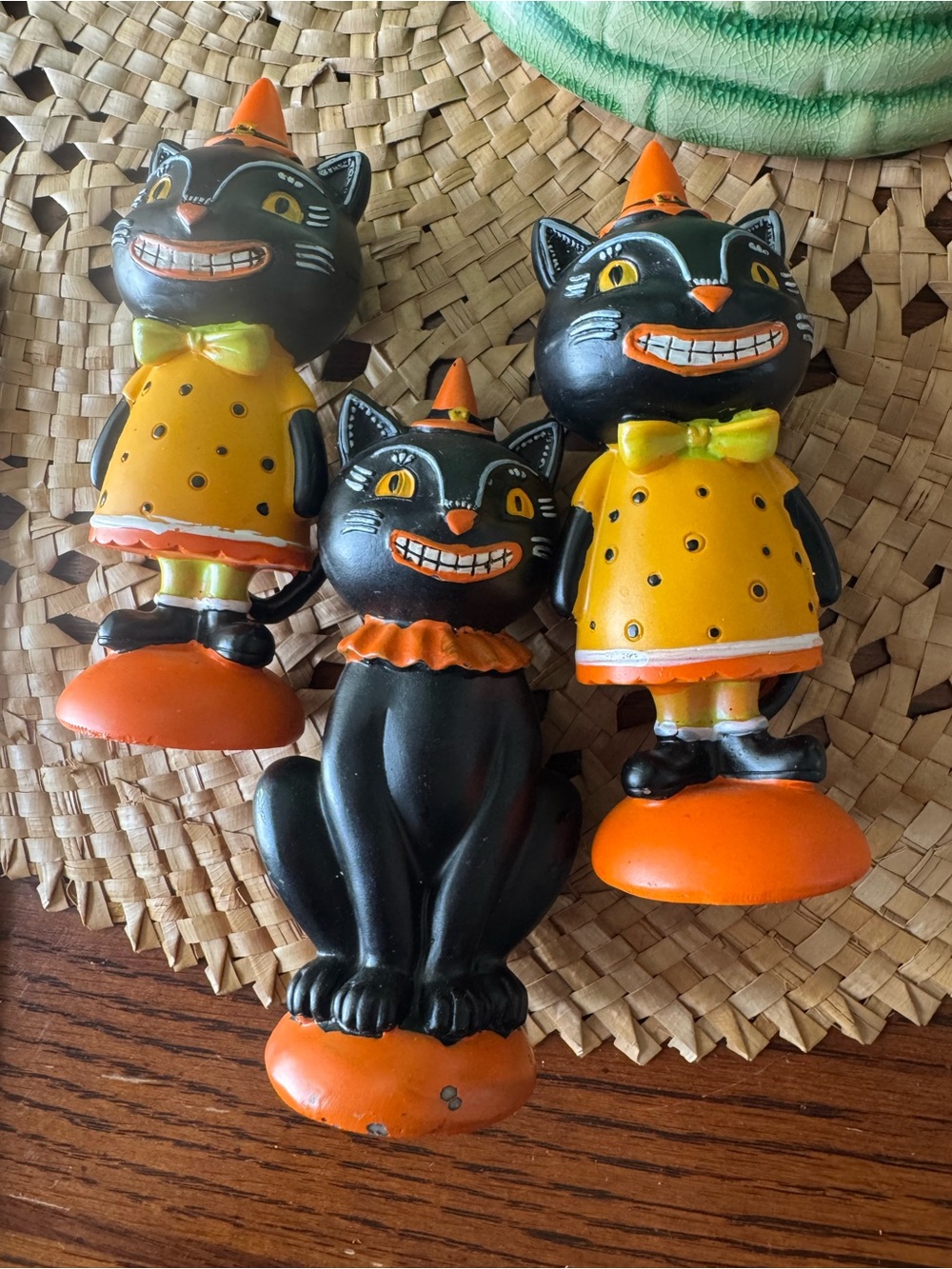 Set 3 Black Cats Halloween Figures Decor Shelf Sitters Big Smiles Clown Hats